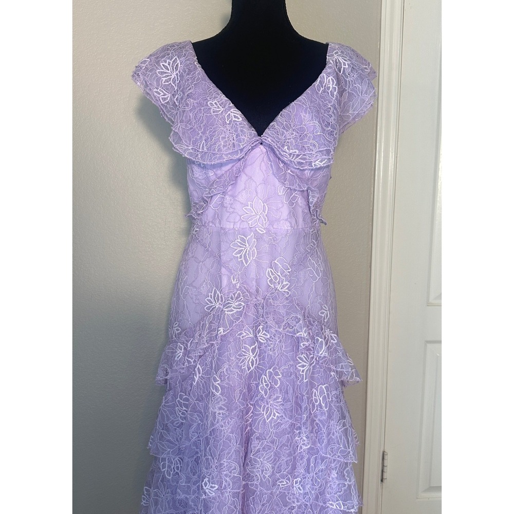 Sau Lee Lavender Lace Rosie Gown, Tiered Skirt Low Back‎ Boho Romantic Formal 10 - Picture 5 of 13